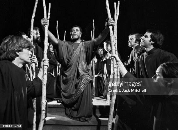 American actor James Earl Jones , as the titular character, and the cast perform onstage in 'Oedipus Rex' at the Cathedral of St John the Divine, New...