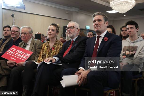 Labour Candidate for Harlow, Laura McAlpine, Labour leader, Jeremy Corbyn and Shadow Secretary of State for Exiting the EU, Keir Starmer look on...