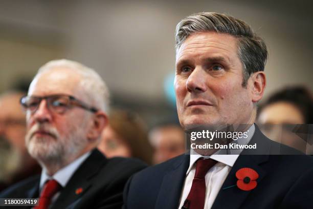 Labour leader, Jeremy Corbyn and Keir Starmer, Shadow Secretary of State for Exiting the EU look on prior to delivering a Brexit speech at the Harlow...