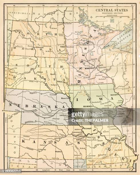 map of central states 1888 - south dakota state v kansas stock illustrations