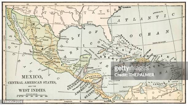 map of west indies and central america 1888 - honduras map stock illustrations