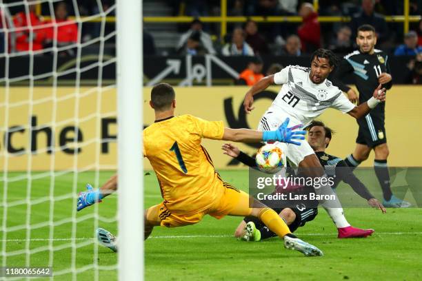 Serge Gnabry of Germany scores his team's first goal during the International Friendly match between Germany and Argentina at Signal Iduna Park on...