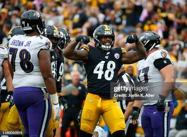 Bud Dupree of the Pittsburgh Steelers in action against the Baltimore Ravens on October 6, 2019 at Heinz Field in Pittsburgh, Pennsylvania.