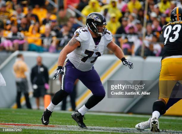 Marshal Yanda of the Baltimore Ravens in action against the Pittsburgh Steelers on October 6, 2019 at Heinz Field in Pittsburgh, Pennsylvania.