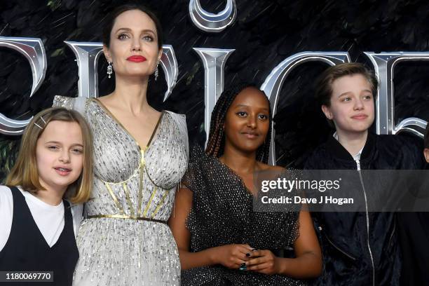 Angelina Jolie with children Vivienne Marcheline Jolie-Pitt, Zahara Marley Jolie-Pitt and Shiloh Nouvel Jolie-Pitt attend the European premiere of...