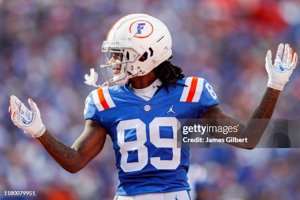 Tyrie Cleveland of the Florida Gators looks on during the second quarter of a game against the Auburn Tigers at Ben Hill Griffin Stadium on October...