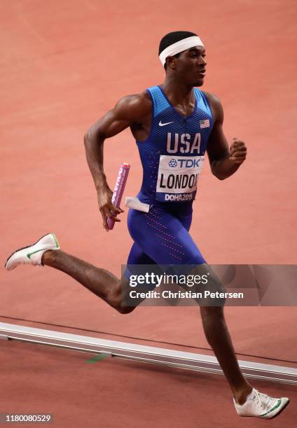 Wilbert London of the United States competes in the men's 4x400 meter relay during day ten of 17th IAAF World Athletics Championships Doha 2019 at...