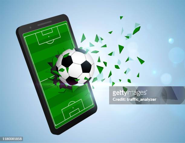 stockillustraties, clipart, cartoons en iconen met soccer ball breaking smartphone - verdediger voetballer