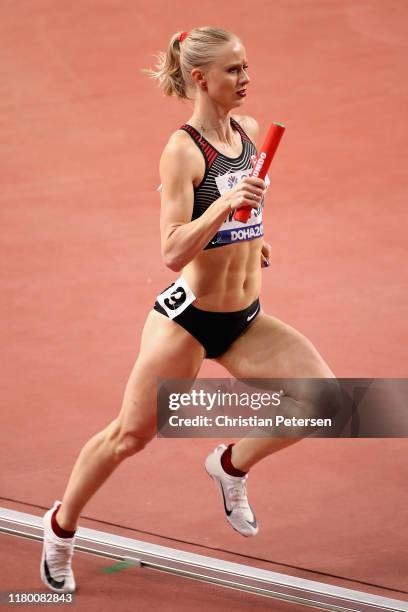 Sage Watson of Netherlands competes in the women's 4x400 meter relay final during day ten of 17th IAAF World Athletics Championships Doha 2019 at...