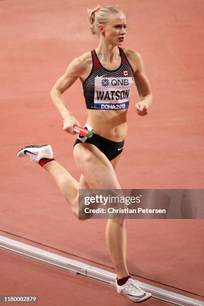 Sage Watson of Netherlands competes in the women's 4x400 meter relay final during day ten of 17th IAAF World Athletics Championships Doha 2019 at...