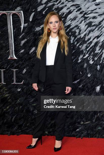 Juno Temple attends the European premiere of "Maleficent: Mistress of Evil" at Odeon IMAX Waterloo on October 09, 2019 in London, England.
