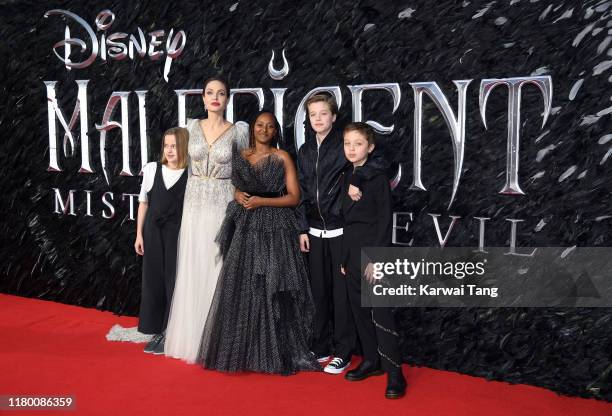 Vivienne Marcheline Jolie-Pitt, Angelina Jolie, Zahara Marley Jolie-Pitt, Shiloh Nouvel Jolie-Pitt and Knox Jolie-Pitt attend the European premiere...