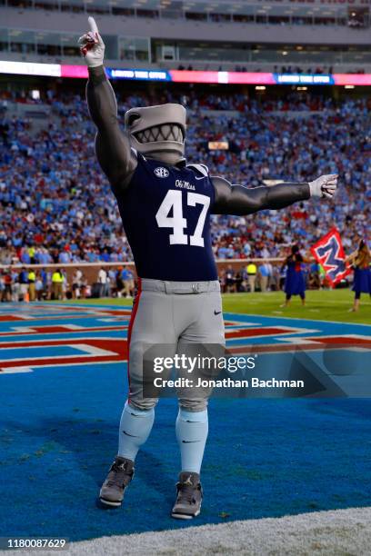 Mississippi Rebels mascot Landshark Tony is pictured during a game against the Vanderbilt Commodores at Vaught-Hemingway Stadium on October 05, 2019...