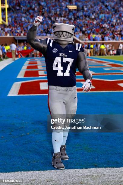 Mississippi Rebels mascot Landshark Tony is pictured during a game against the Vanderbilt Commodores at Vaught-Hemingway Stadium on October 05, 2019...