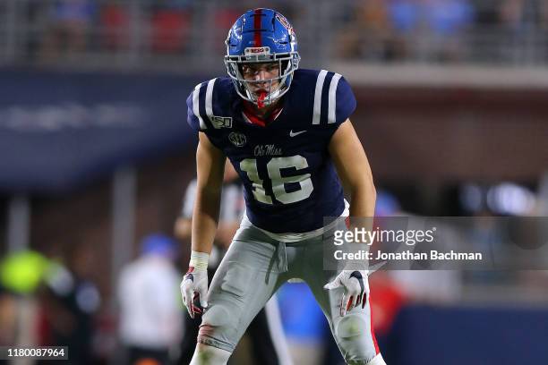 Luke Knox of the Mississippi Rebels in action during a game against the Vanderbilt Commodores at Vaught-Hemingway Stadium on October 05, 2019 in...