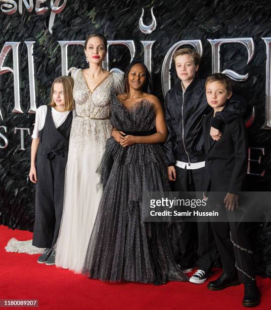 Vivienne Marcheline Jolie-Pitt, Angelina Jolie, Zahara Marley Jolie-Pitt, Shiloh Nouvel Jolie-Pitt and Knox Jolie-Pitt attend the European premiere...
