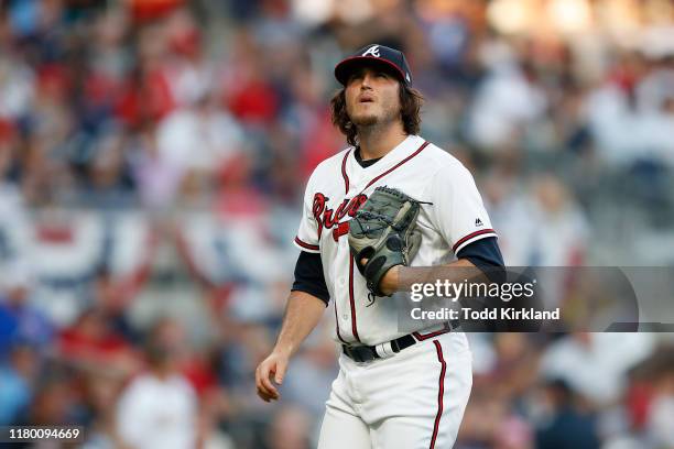 Luke Jackson of the Atlanta Braves is taken out of the game against the St. Louis Cardinals during the third inning in game five of the National...