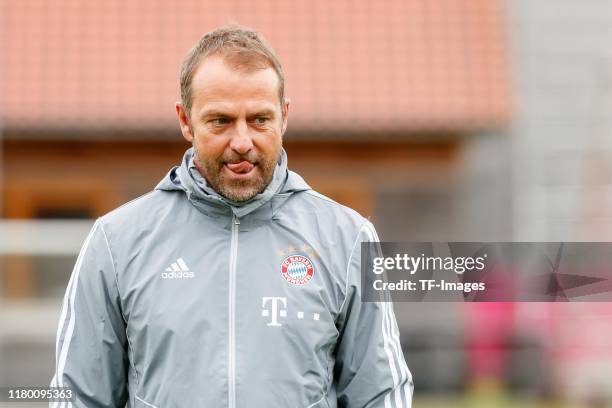 Head coach Hansi Flick of FC Bayern Muenchen looks on at Saebener Strasse training ground on November 5, 2019 in Munich, Germany. FC Bayern Muenchen...