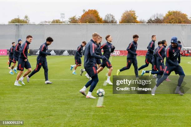 Players of FC Bayern Muenchen warm up at Saebener Strasse training ground on November 5, 2019 in Munich, Germany. FC Bayern Muenchen will face...