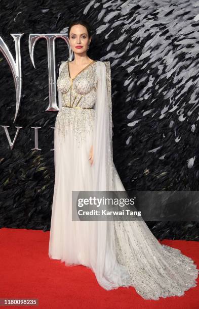 Angelina Jolie attends the European premiere of "Maleficent: Mistress of Evil" at Odeon IMAX Waterloo on October 09, 2019 in London, England.