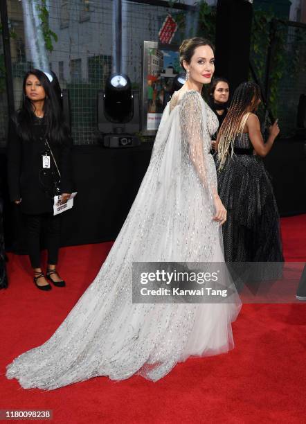 Angelina Jolie attends the European premiere of "Maleficent: Mistress of Evil" at Odeon IMAX Waterloo on October 09, 2019 in London, England.