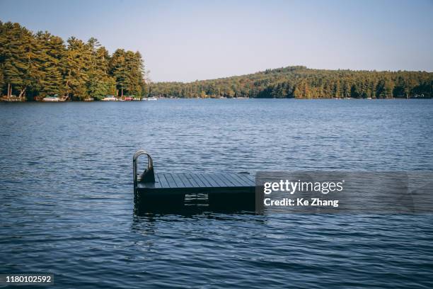 dock with handles on lake - pontonbrücke stock-fotos und bilder