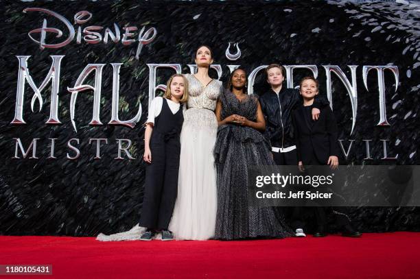 Vivienne Marcheline Jolie-Pitt, Angelina Jolie, Zahara Marley Jolie-Pitt, Shiloh Nouvel Jolie-Pitt and Knox Jolie-Pitt attend the European premiere...