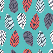 Leaves hand drawn color vector seamless pattern. Red, white and grey foliage on blue background. Cartoon leafage flat illustration. Decorative textile, wallpaper, wrapping paper design idea