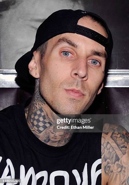 Drummer Travis Barker attends mixed martial artist Dominick Cruz's post-fight party for UFC 132 at Studio 54 inside the MGM Grand Hotel/Casino early...