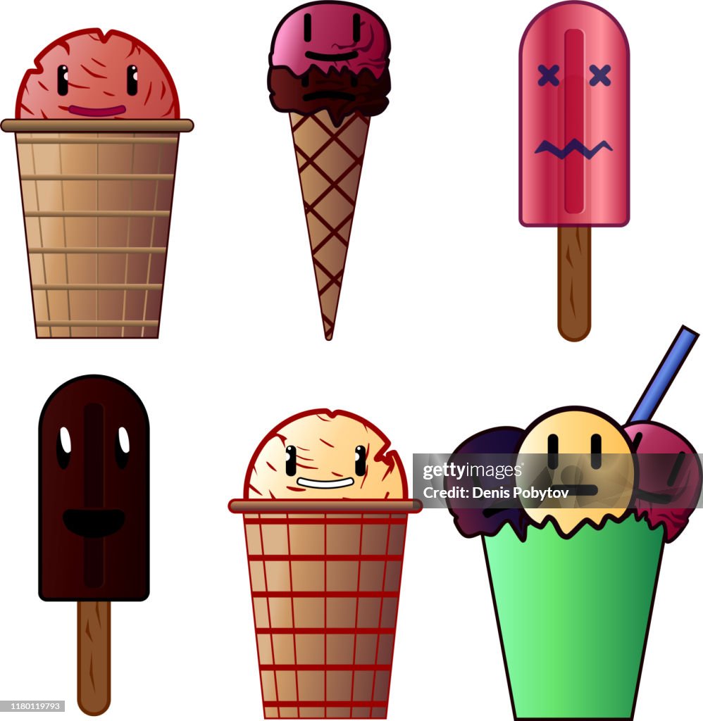 Set Of Six Painted Ice Cream With Faces Funny Cartoon Ice Cream High-Res  Vector Graphic - Getty Images