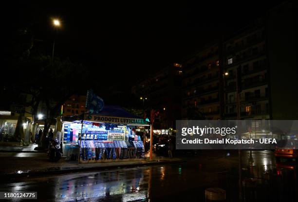 Fan shop on the streets is seen prior to the UEFA Champions League group E match between SSC Napoli and RB Salzburg at Stadio San Paolo on November...