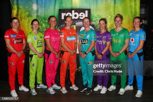 Megan Schutt of the Strikers, Beth Mooney of the Heat, Nicola Carey of the Hurricanes, Georgia Wareham of Renegades, Elyse Villani of Stars, Meg...