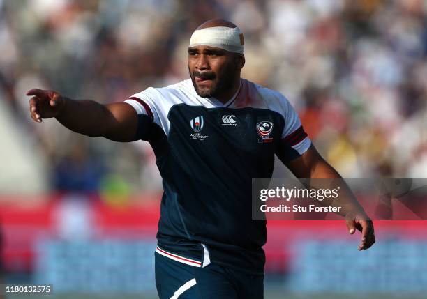 Player Paul Lasike makes a point during the Rugby World Cup 2019 Group C game between Argentina and USA at Kumagaya Rugby Stadium on October 09, 2019...