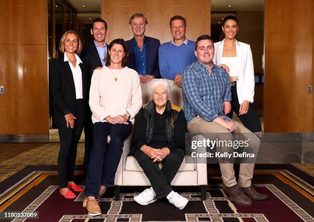 Row 1: Emma Snowsill, Robbie McEwen, Dennis Cometti, Russell Mark, Stephanie Rice, Row 2: Cheryl Salisbury, Dawn Fraser and Matt Cowdrey pose during...