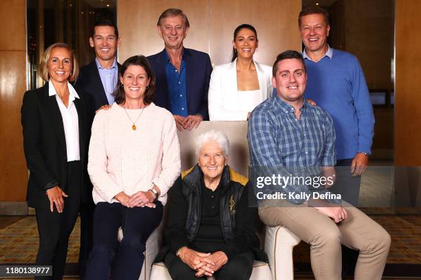 Row 1: Emma Snowsill, Robbie McEwen, Dennis Cometti, Stephanie Rice, Russell Mark, Row 2: Cheryl Salisbury, Dawn Fraser and Matt Cowdrey pose during...