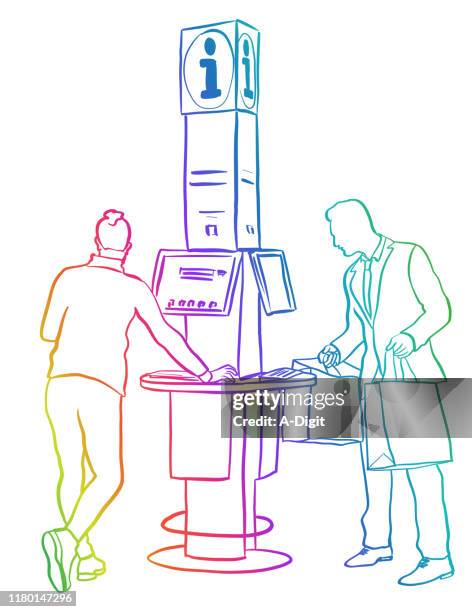 shopper's information booth rainbow - guy looking up white background stock illustrations