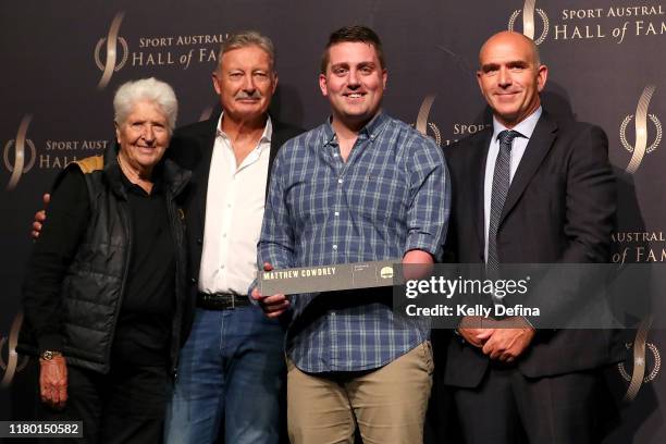 Dawn Fraser, John Bertrand, Matt Cowdrey and Stuart Fox pose during the Sport Australia Hall of Fame Induction Media Opportunity at Crown...