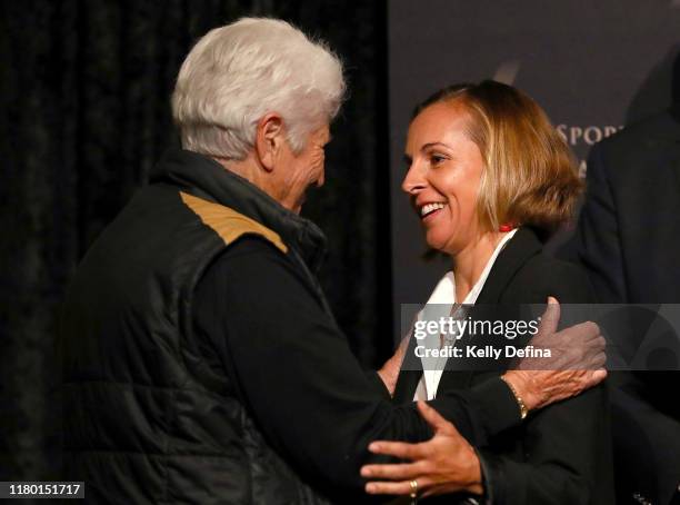 Emma Snowsill meets Dawn Fraser during the Sport Australia Hall of Fame Induction Media Opportunity at Crown Entertainment Complex on October 10,...