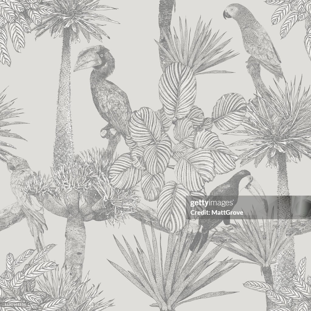 Tropical Birds and Palm Tree Seamless Repeat