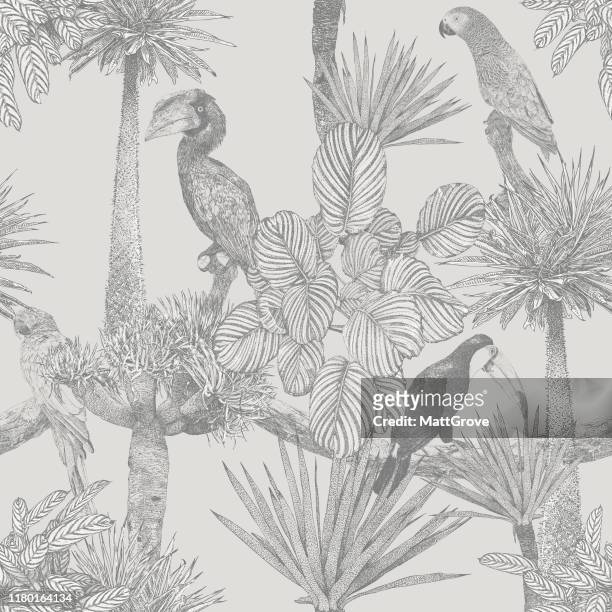 tropical birds and palm tree seamless repeat - animal wildlife stock illustrations