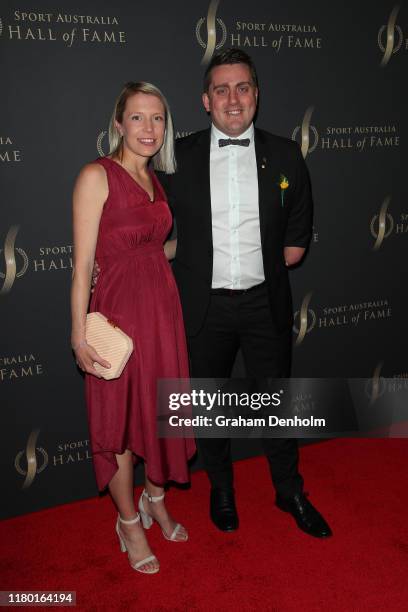 Matt Cowdrey and Elizabeth Cowdrey arrive ahead of the Sport Australia Hall of Fame Induction and Awards Gala Dinner at Crown Palladium on October...