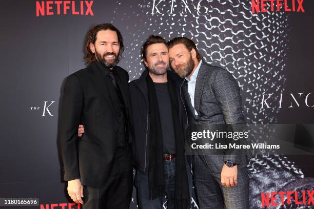 Nash Edgerton, David Michod and Joel Edgerton attend the Australian premiere of THE KING at Ritz Cinema on October 10, 2019 in Sydney, Australia.