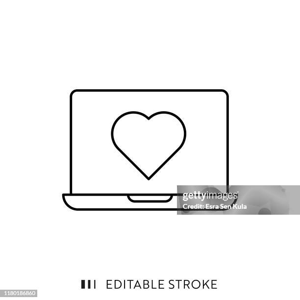 stockillustraties, clipart, cartoons en iconen met laptop pictogram met bewerkbare lijn en pixel perfect. - jong koppel