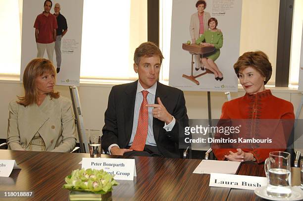 Diana Burroughs, Peter Boneparth and Laura Bush during Laura Bush, Time Inc., Teachers Count Press Conference at Time & Life Building in New York...