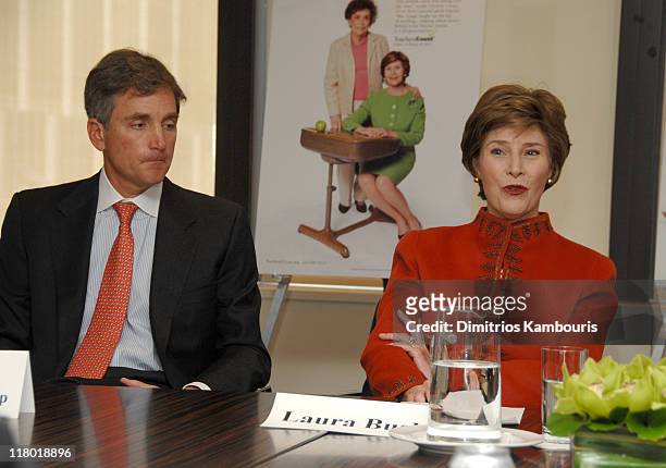 Peter Boneparth and Laura Bush during Laura Bush, Time Inc., Teachers Count Press Conference at Time & Life Building in New York City, New York,...
