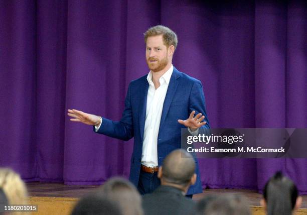 Prince Harry, Duke of Sussex attends a school assembly with Year 11 students, during his visit to Nottingham Academy to mark World Mental Health Day...