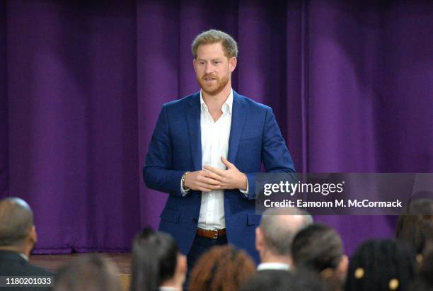 Prince Harry, Duke of Sussex attends a school assembly with Year 11 students, during his visit to Nottingham Academy to mark World Mental Health Day...