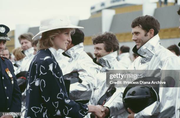 Princess Diana meets firemen during a visit to Manukau, near Auckland, New Zealand during the Royal Tour of New Zealand 19th April 1983. The princess...