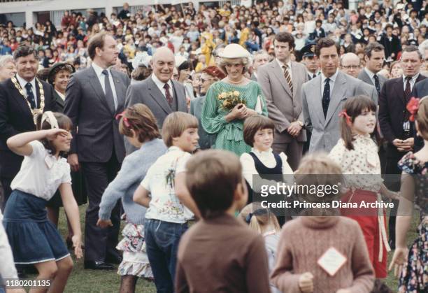 Prince Charles and Princess Diana at the Eden Park Stadium on their arrival in Auckland at the start of the Royal Tour of New Zealand, 18th April...