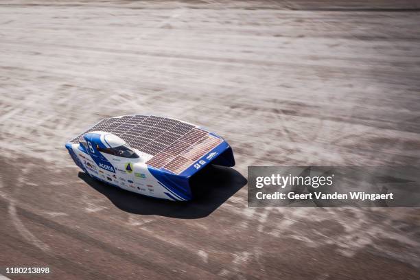Belgium's Agoria Solar Team test their solar car Bluepoint at Hidden Valley race track ahead of the 2019 Bridgestone World Solar Challenge on October...